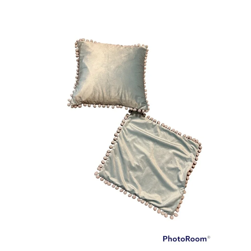 Set of 2 Velvet Pillow Covers Whimsy Boho Baby Bohochic Ice Blue with Pom poms